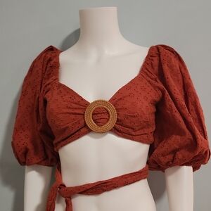 MINKPINK Rust Eyelet Puff-Sleeve Wrap Crop Top with Woven Buckle